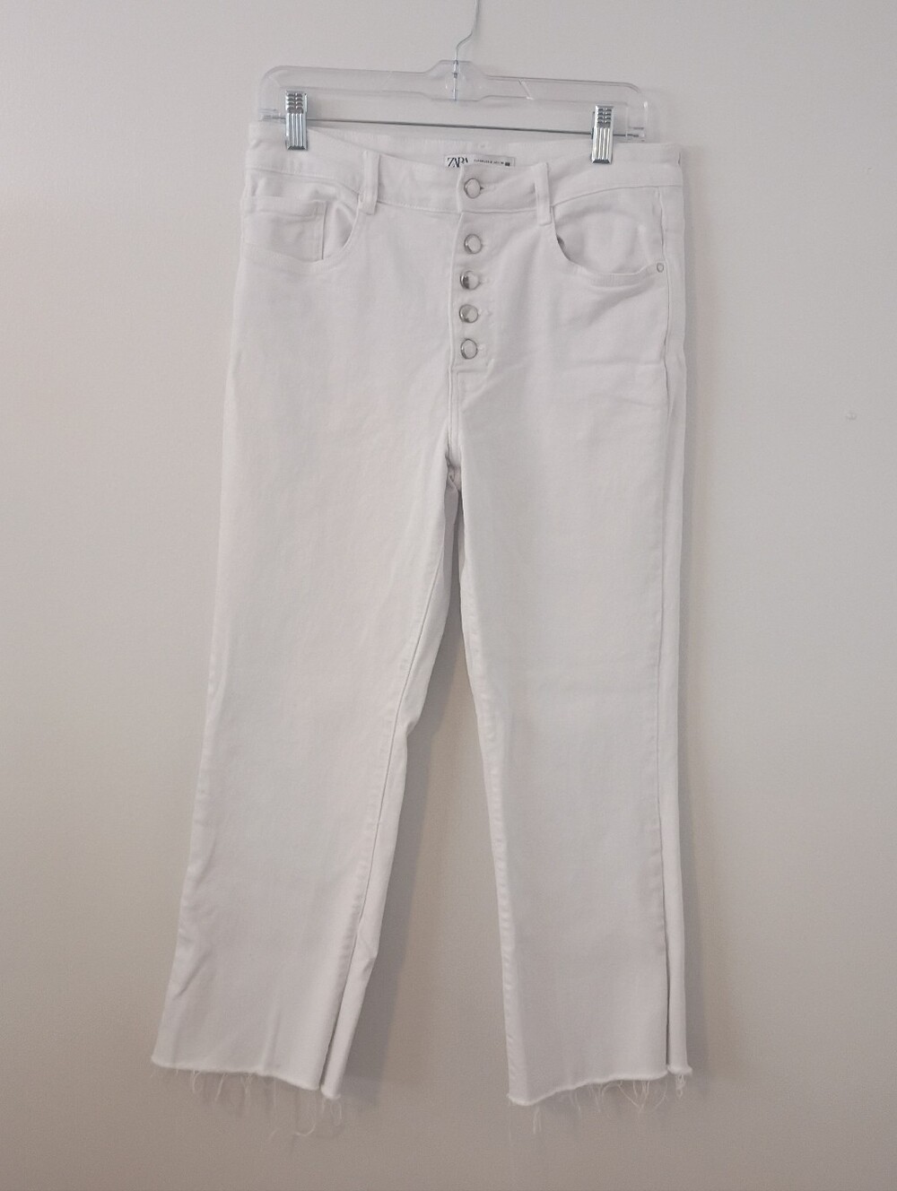 Zara White High Rise Button Fly Cropped Jeans Raw Hem